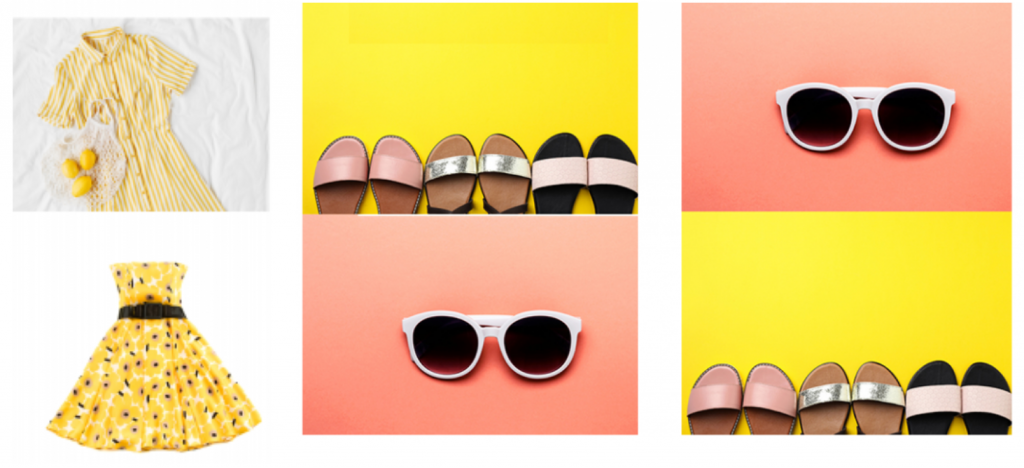 Examples of AMT preference tests. Our algorithms recommended the dress image on the bottom of the first pair and the left image layout combination of sandals and sunglasses in the second pair.